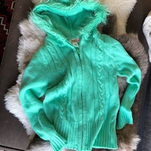 Girls Lime Green Fuzzy Hoodie Zip Sweater
